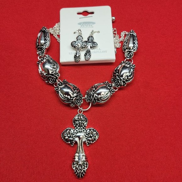 Icon Collection Silver Tone Cross Necklace & Earrings Set - Picture 5 of 12